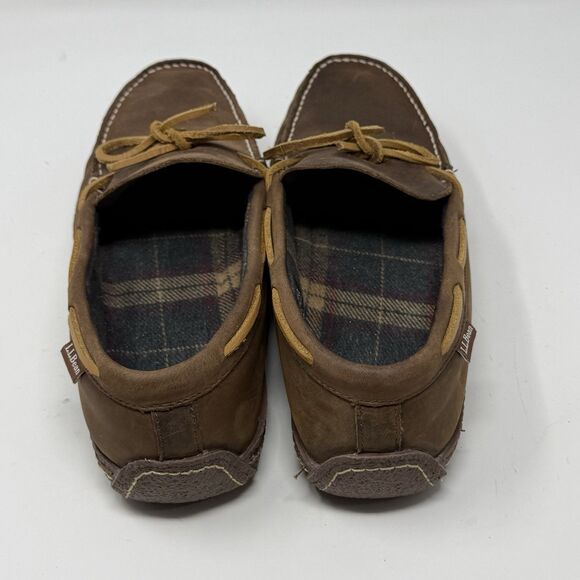 LL Bean Slippers Mens 11 M Brown Leather Flannel Lined Comfort Indoor Outdoor